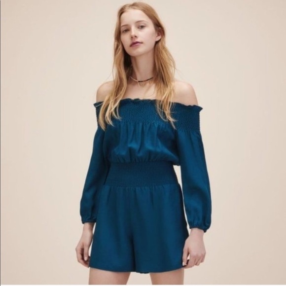 Maje Ilanda Romper XS Off-Shoulder Mini Smocked Linen Peacock Blue Luxury Party - Picture 1 of 8
